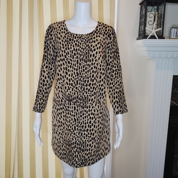 JCREW LEOPARD SHIFT DRESS WITH POCKETS, CAMEL/BLACK 2 - Picture 3 of 9